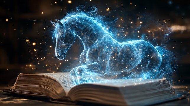 Floating holographic blue image of a peacefully resting horse displayed above a closed book with blur