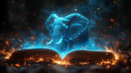 Restful holographic glowing image of an elephant glowing blue on closed book surrounded by blurred haze