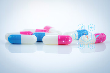 Pink-white and blue-white capsule pills with concept of precision medicine with nanotechnology,...