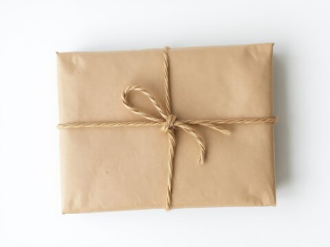 Rustic brown paper parcel secured with twine, simple knot, wrapping,natural