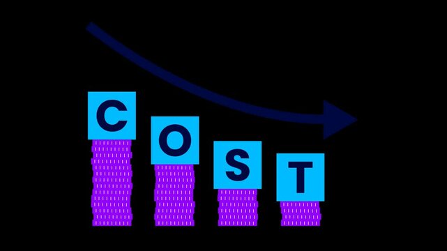 Cost reduction illustration with pile of coins and downward arrow on transparent background. Symbolizes cost reduction, efficiency and financial savings.