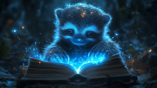 Holographic glowing blue calm resting sloth above a closed book with atmospheric blurred focus