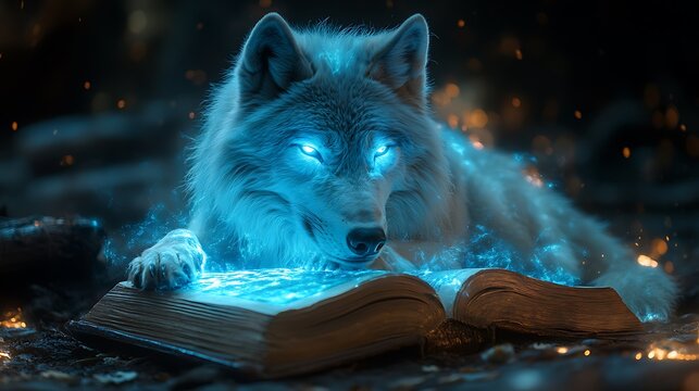 Soft glowing holographic image of resting wolf shining blue on closed book ambient blurred background