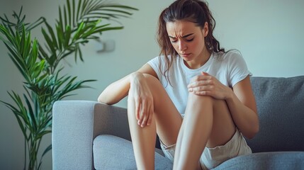 Obraz premium Concerned young woman sitting on sofa holding knee indoors