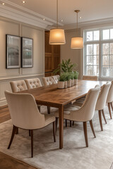 Photographie intérieure d'une salle à manger élégante et spacieuse avec une grande table en bois pour les repas en famille
