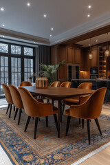 Fototapeta premium Photographie intérieure d'une salle à manger élégante et spacieuse avec une grande table en bois pour les repas en famille