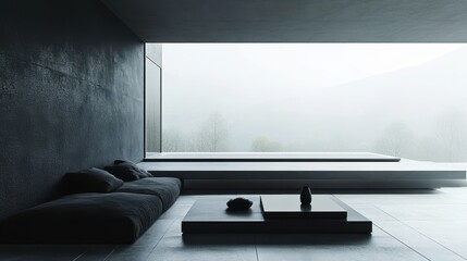 Fototapeta premium Minimalist Living Room with Panoramic View in Misty Landscape