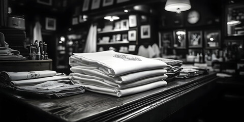 Stacked folded white textiles on wooden counter in a shop.