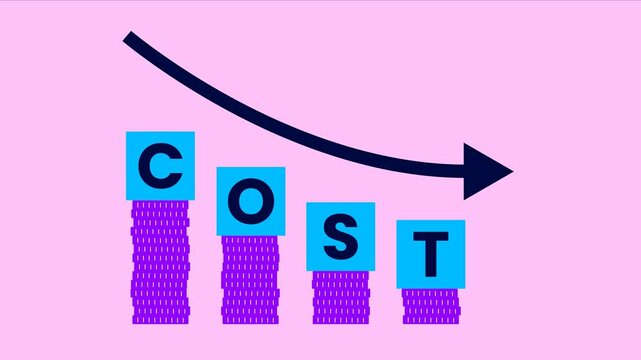 Cost reduction illustration with stacked coins and downward arrow. Symbolizing cost reduction, efficiency, and financial savings.