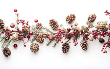 Floating Christmas garlands made of pinecones, berries, and small ornaments on a bright white background