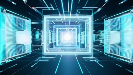 Dolly video smoothly moves forward through a quantum computer core with pulsating lights