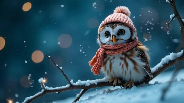 Snowy scene featuring a chatty owl dressed in a winter hat and scarf