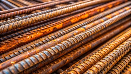 Close-Up of Rusty Reinforcing Bars in a Heap Highlighting Texture and Detail with Copy Space for Industrial or Construction Related Themes
