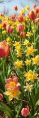 Vibrant spring tulips and daffodils blooming in a sunlit garden, ample copy space, fresh, sunlight, sunshine