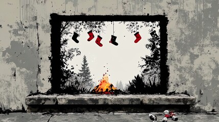 cozy forest cabin atmosphere: stone tabletop with crackling fire and stockings - perfect poster for rustic home or sports interior decor!