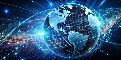 Obraz premium Global International Connectivity with Digital Data Flow Around Earth Globe, Futuristic Technology Theme with Motion Light Effects and Copy Space for Dynamic Presentations