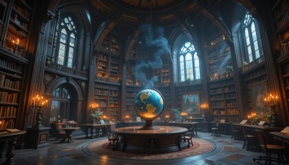 Majestic antique library with a globe, perfect for study or fantasy scenes.