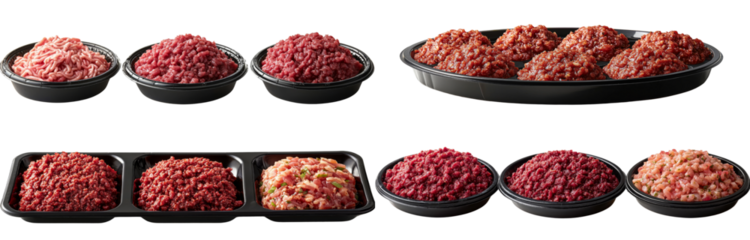Assorted minced meat in black trays, showcasing variety and texture