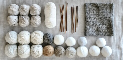 A serene and relaxing scene with soft balls of yarn in different colors, arranged one on top of the other with needles next to each other. Highlighting handicrafts to increase people's interest.