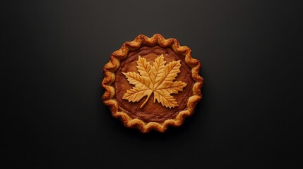 Elegant Pumpkin Pie with Leaf Garnish on Dark Surface