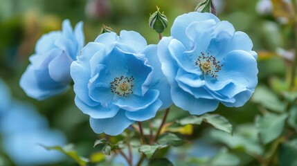 Closeup of Blue Roses in Bloom: A Stunning Display of Nature's Beauty Against a Green Background