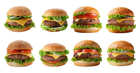 Variety of burgers with fresh ingredients isolated on transparent background