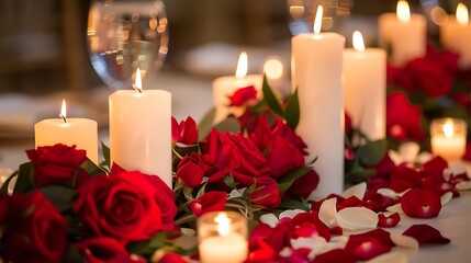 Roses and blooming petals adorn white candles