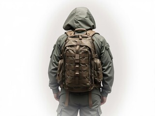 Fototapeta premium Soldier wearing tactical backpack and military uniform with hood up
