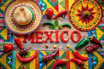 Colorful Mexican Fiesta Invitation Design Featuring Traditional Ornament Text and Festive Elements like Sun, Chilli, and Sombrero for Celebratory Occasions