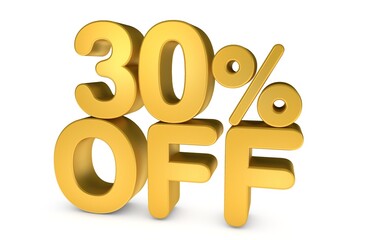 3d illustration 30% off Golden Text on white background in Golden Color. Gold percent isolated