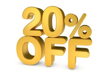 3d illustration 20% off Golden Text on white background in Golden Color. Gold percent isolated