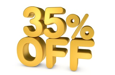 3d illustration 35% off Golden Text on white background in Golden Color. Gold percent isolated