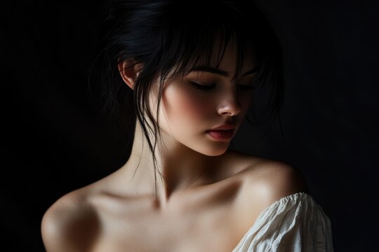 Dark haired woman portrait soft lighting gentle expression