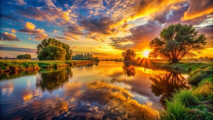 Fototapeta premium Golden Hour River Sunset Photography: Low Light Landscape Images
