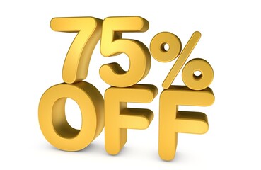 3d illustration 75% off Golden Text on white background in Golden Color. Gold percent isolated
