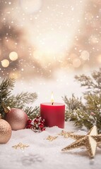 Red candle burning in snow with golden ornaments and pine branches, surrounded by festive bokeh lights for a cozy holiday atmosphere.