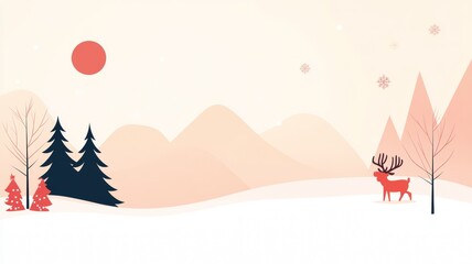Christmas Landscape with Reindeer and Snowy Mountains.