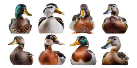 Colorful Variety of Ducks Faces Captured in Detail, PNG collection, set bundle, isolate on transparent or white background