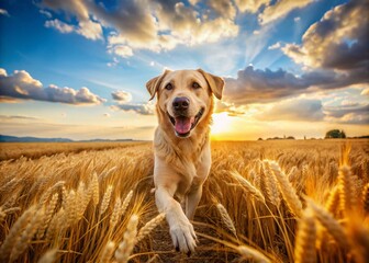 Golden Retriever Panoramic Landscape Photography: Majestic Dog in Golden Hour Sunlight
