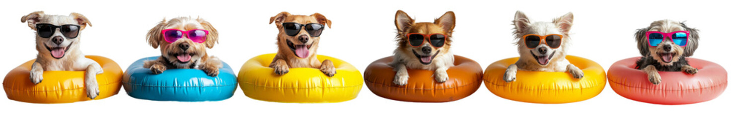 Dogs wearing sunglasses on colorful pool floats, looking cheerful