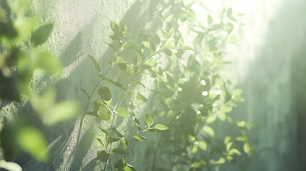 Sunlight illuminates vibrant green foliage growing on a textured wall.