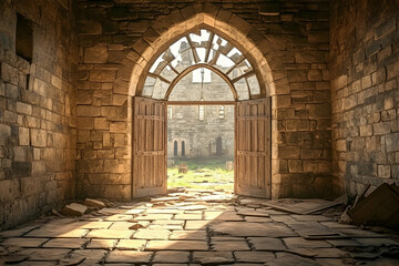 Sunlit arched doorway in a ruined stone building.