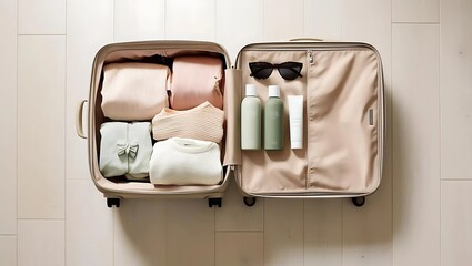 Top-Down Shot of Open Suitcase Packed with Neatly Folded Clothes, Travel Toiletries, and Sunglasses on Wooden Floor in Natural Lighting  
