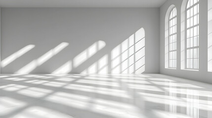 Fototapeta premium Sunlit empty white room with arched windows and reflective floor.