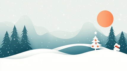 Snowy Winter Landscape with Christmas Tree Papercut Style Illustration.