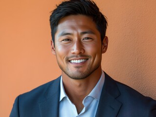 Asian man with a smile on his face is wearing a suit and a shirt in studio color background