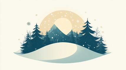 Winter Mountain Landscape with Snow-Covered Hills and Pine Trees.