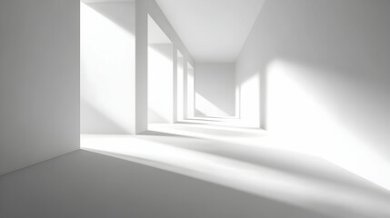 Obraz premium Sunlit minimalist white corridor interior.
