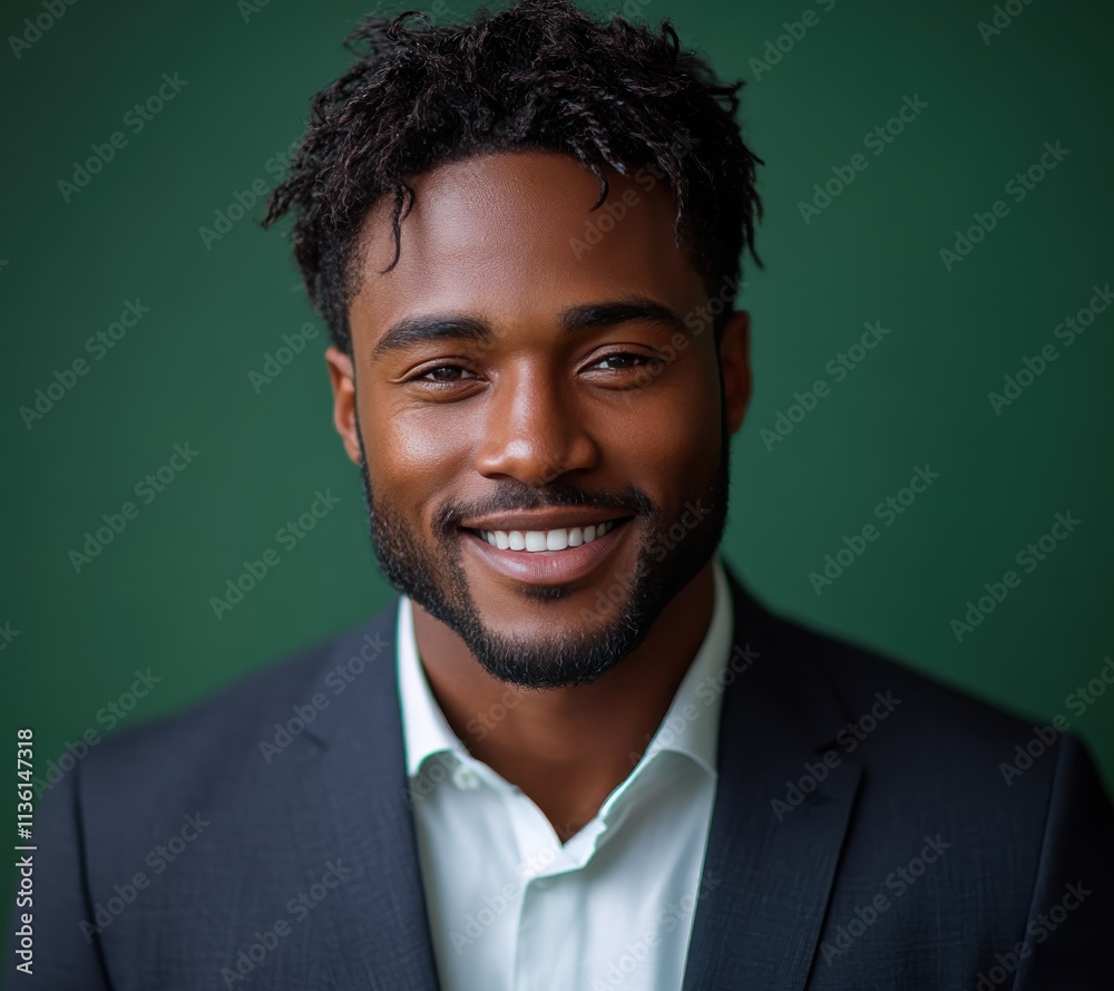 Wall mural Portrait of a smiling, confident African American businessman in a suit, studio background