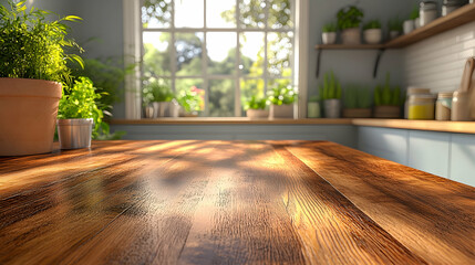Sunny kitchen table, wood surface, plants, window.